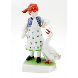 Hungarian Porcelain Herend Girl Figurine Feeding Goose