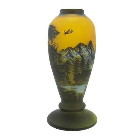Cameo Art Glass Vase with Mountains and Trees 12 Inch