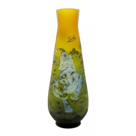 Large Cameo Art Glass Vase with Tiger