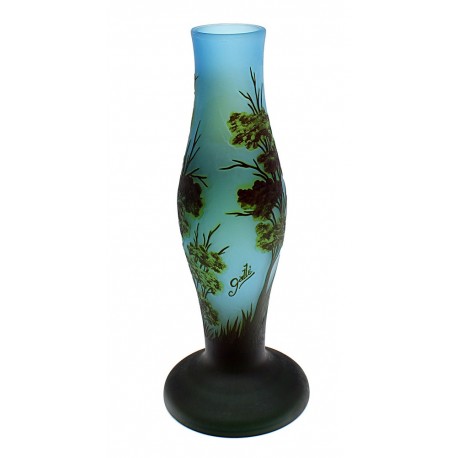 Cameo Glass Art Nouveau Blue Vase Signed Galle Tip 14 Inch Tall