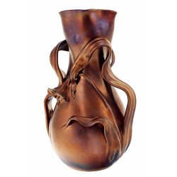 Hungarian Art Pottery Vase with Flower and Leaves By Ferenc Halmos 