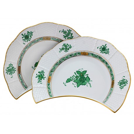 Vintage Herend Green Chinese Bouquet Bone Plates Crescent Plates Set of Two