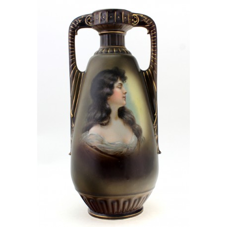 Antique Porcelain Austria Portrait Vase with Two Handles 12-7/8 Inch Tall