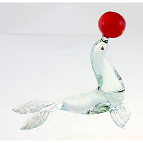 Murano Style Art Glass Seal Figurine with Ball