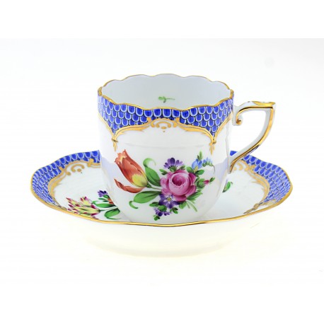 Herend Printemps Mocha Cup and Saucer Blue Border