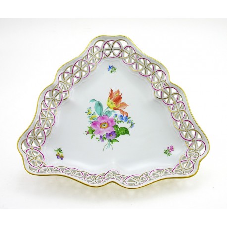 Hungarian Porcelain Herend Bouquet de Saxe Triangle Openwork Dish